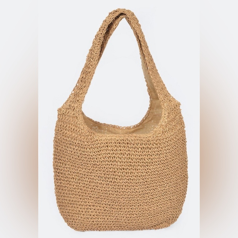 Tan Woven Straw Hobo Tote Bag - Picture 1 of 4